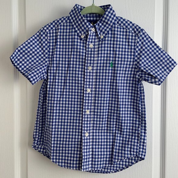 Boy's Ralph Lauren Gingham Cotton Short Sleeve Shirt Blue White Size 4/4T - Picture 1 of 9